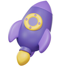 Spaceship rocket. Toy rocket upswing ,spewing smoke. Startup, space, business concept. 3d icon. Cartoon minimal style.