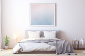 A minimalist bedroom design highlighted by a stark white empty frame on a wall painted in soft, gradient tones.