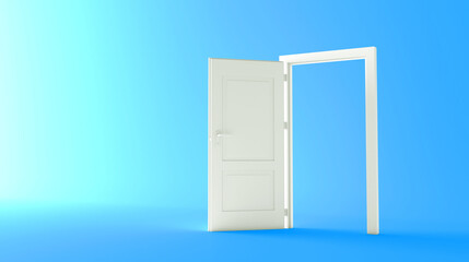 Open the door. White door, open entrance in blue background room. Architectural design element. Modern minimal concept. Opportunity metaphor.
