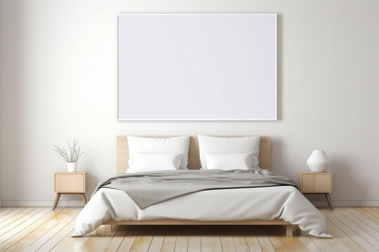 A minimalist bedroom design highlighted by a stark white empty frame on a wall painted in soft, gradient tones.