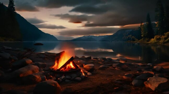 Camp bonfire near the lake.