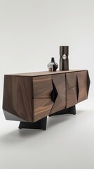 A contemporary sideboard with asymmetrical drawers and matte black hardware, offering storage solutions with a modern edge.
