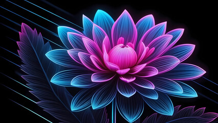 Beautiful neon flower on a black background. Computer generated