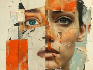 collage di viso di donna , stile mixed media, carta e pittura e foto, viso che si intravede coperto da piccoli pezzi di collage,  arte