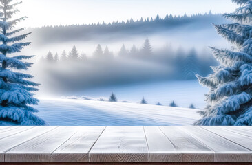 Empty wooden table with copy space for product presentation against blurred winter landscape background.