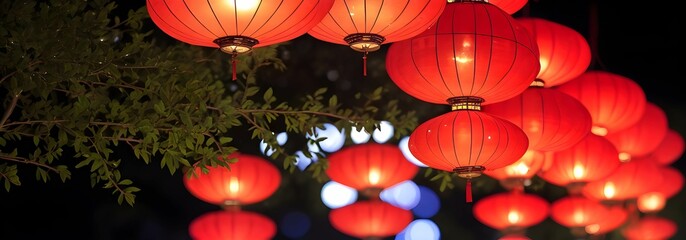 中国の旧正月（春節）の景色、たくさんの赤い提灯が賑わいを醸し出している