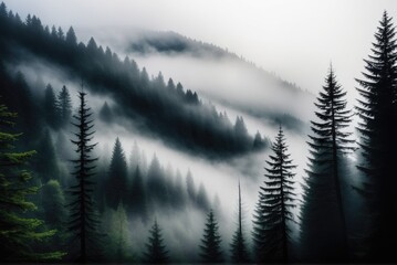 mountain forest trees, silhouetted in ethereal fog by ai generated