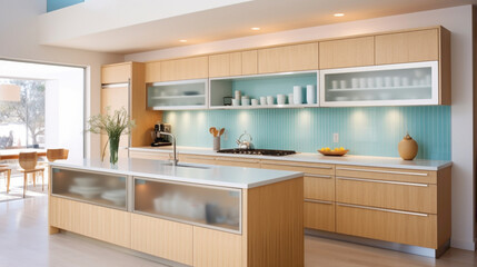A minimalist kitchen featuring clean lines, light wood cabinets, and a splash of aqua blue on the backsplash.