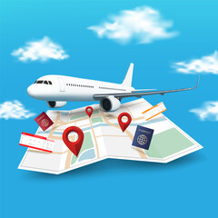 Airplane in the air with ticket, passport and red location pin on blue background, vector illustration