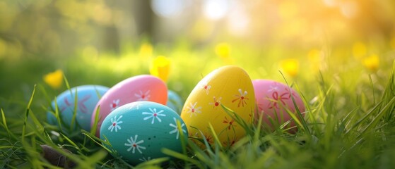 Fototapeta na wymiar Colorful painted Easter eggs hidden in spring meadow grass