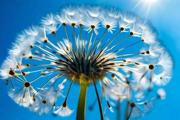  Abstract dandelion flower over blue sky background, extreme closeup with soft focus, beautiful spring nature details © MISHAL