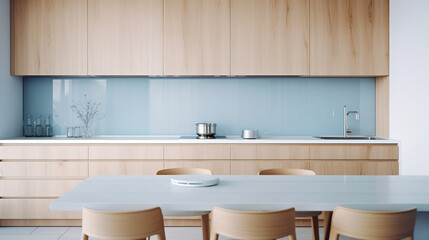 A minimalist kitchen featuring clean lines, light wood cabinets, and a splash of aqua blue on the backsplash.