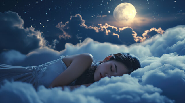 asian woman sleeping peacefully on soft clouds in the sky at night under moon light