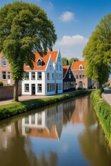 Fototapeta na wymiar Scenic homes by river dikes near Sleeuwijk picturesque waterside dwellings in serene surroundings by ai generated