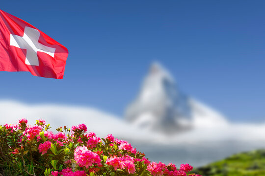 Schweizer Flagge mit Alpenrosen und Matterhorn