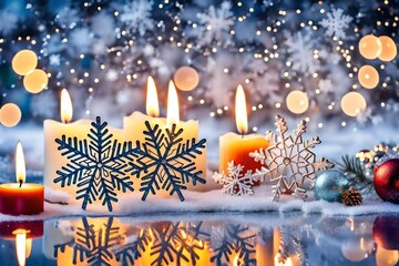 An abstract background that speaks of home and all the nostalgic memories of Christmas time with sparkling fairy lights in the background and three blurred frosted glass candle holders with lit candle