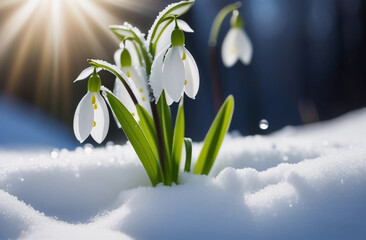 Snowdrop flowers in the snow. First spring flowers. Natural background.
