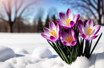 Beautiful crocus flowers in snow, closeup. Spring time