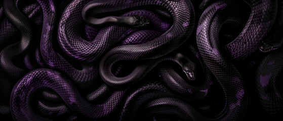 CGI style image of multiple snakes intertwined. Dark moody panoramic graphic resource and background.