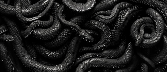CGI style image of multiple snakes intertwined. Dark moody panoramic graphic resource and background.
