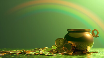 Obraz na płótnie Canvas pot of gold filled with bitcoin at the end of the rainbow, neutral green background