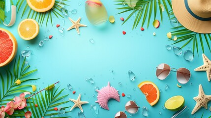 Fototapeta na wymiar A lively arrangement featuring beach accessories, fresh citrus slices, and tropical elements, artistically laid out on an aqua blue backdrop, evoking a fresh, summery feel