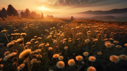 Photo sur Plexiglas Chocolat brun landscape view of sunrise in a Chrysanthemum field