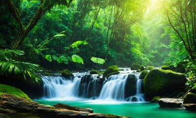 Jungle waterfall cascade in tropical rainforest, amazing nature