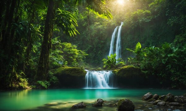 Jungle waterfall cascade in tropical rainforest, amazing nature © Dompet Masa Depan