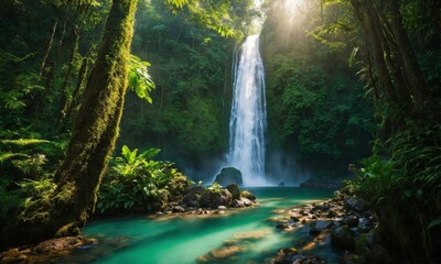 Naklejka na ściany i meble Jungle waterfall cascade in tropical rainforest, amazing nature