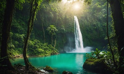 Jungle waterfall cascade in tropical rainforest, amazing nature