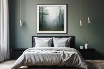 A harmonious blend of minimalism and color, a bedroom with an empty frame against a backdrop of serene, nature-inspired tones.