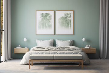 Fototapeta na wymiar A harmonious blend of minimalism and color, a bedroom with an empty frame against a backdrop of serene, nature-inspired tones.