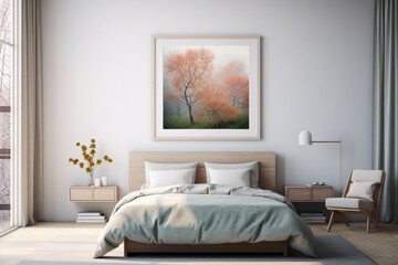 Fototapeta na wymiar A harmonious blend of minimalism and color, a bedroom with an empty frame against a backdrop of serene, nature-inspired tones.