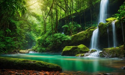 Hidden rain forest waterfall with lush foliage and mossy rocks, amazing nature