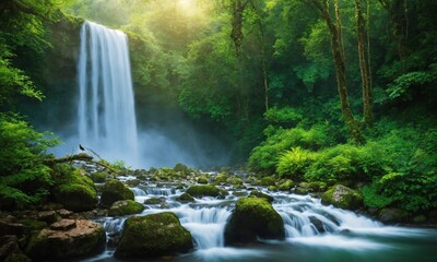 Naklejka premium Hidden rain forest waterfall with lush foliage and mossy rocks, amazing nature