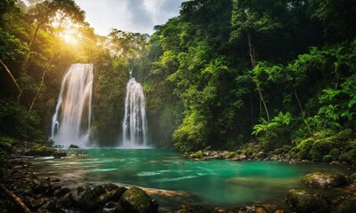 Fototapeta premium Hidden rain forest waterfall with lush foliage and mossy rocks, amazing nature
