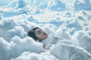 asian woman sleeping peacefully on soft clouds in the sky