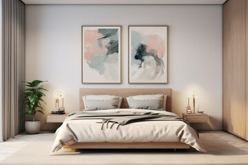 A harmonious blend of simplicity and color, a bedroom featuring an empty frame set amidst a canvas of muted yet lively tones.