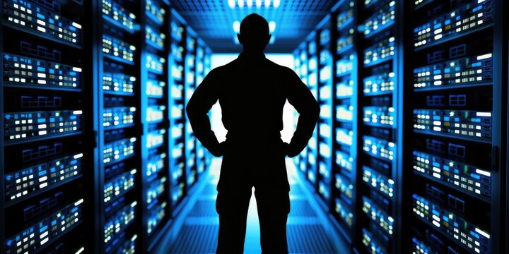 Database server center with the silhouette of an IT Engineer overseeing high-speed data transfer.