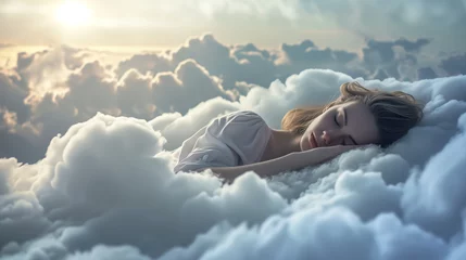 Foto op Canvas woman sleeping peacefully on soft clouds in the sky © Pavel