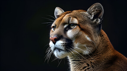 Puma, cougar portrait isolated on black background. copy space. generative ai