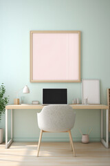 A harmonious office environment where a pristine white frame adorns a wall washed in soft, pastel colors, creating a serene and inviting mockup.