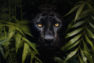 Tuinposter a black panther with yellow eyes surrounded by green leaves © Georgeta