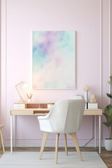 A harmonious office space where a pristine white frame complements a wall adorned with soft, pastel colors, creating a tranquil and welcoming mockup.