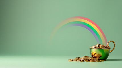 pot of gold at the end of the rainbow on neutral green background - obrazy, fototapety, plakaty
