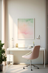 Obraz na płótnie Canvas A harmonious office space where a pristine white frame complements a wall adorned with soft, pastel colors, creating a tranquil and welcoming mockup.
