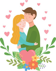 Vector illustration of a couple in love with flower composition. Cute cartoon concept for Valentine's Day	
