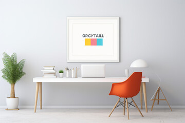 A high-definition snapshot showcasing an office interior with a blank white empty frame, minimalistic decor, mockup features, and a striking combination of simple, colorful details.