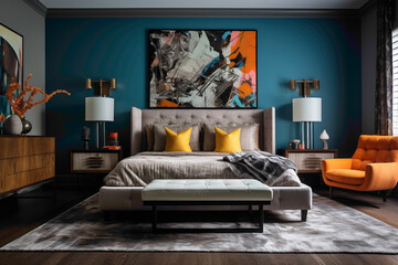A fusion of color and modern design, a bedroom featuring an empty frame against a wall embellished with bold, artistic strokes.